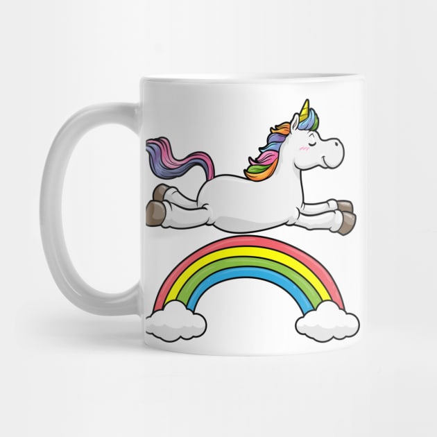 Floating unicorn on a rainbow with clouds by Markus Schnabel
